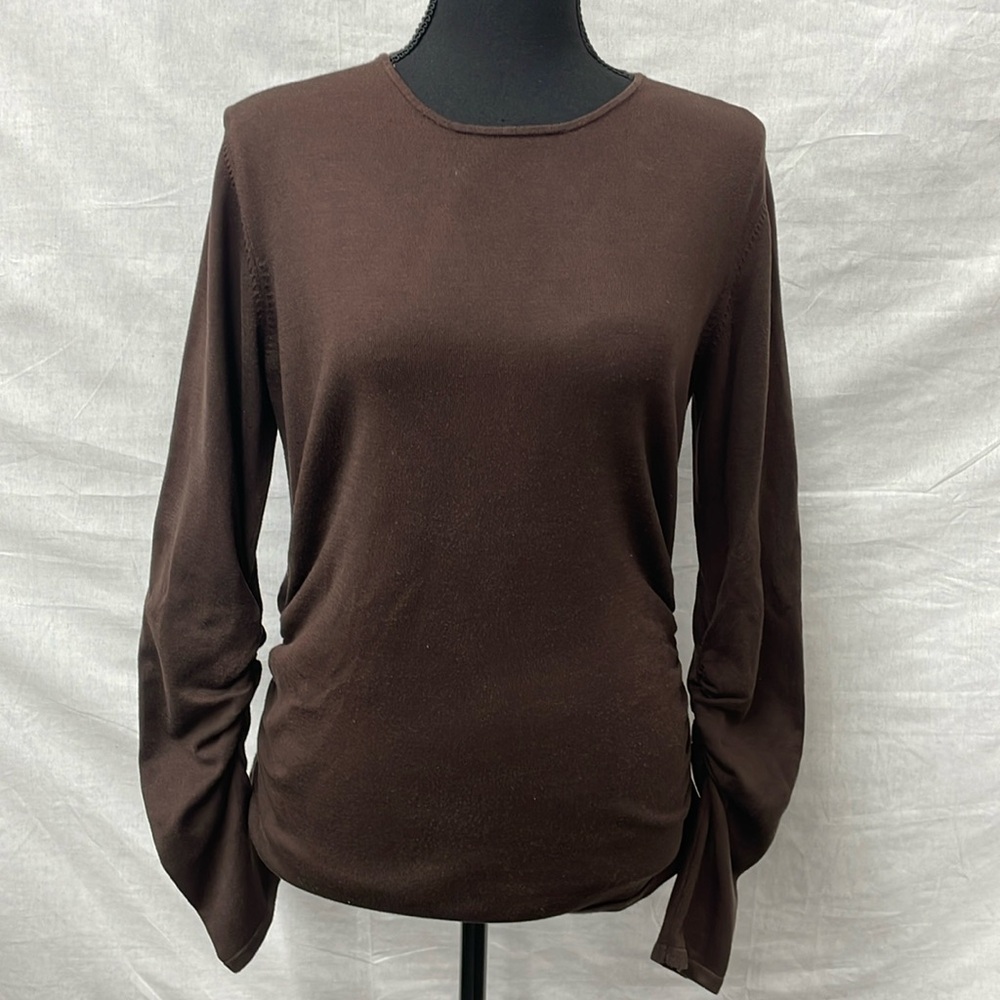 Sculpture Silk brown pullover silk blend top with ruched sides and arms; size L